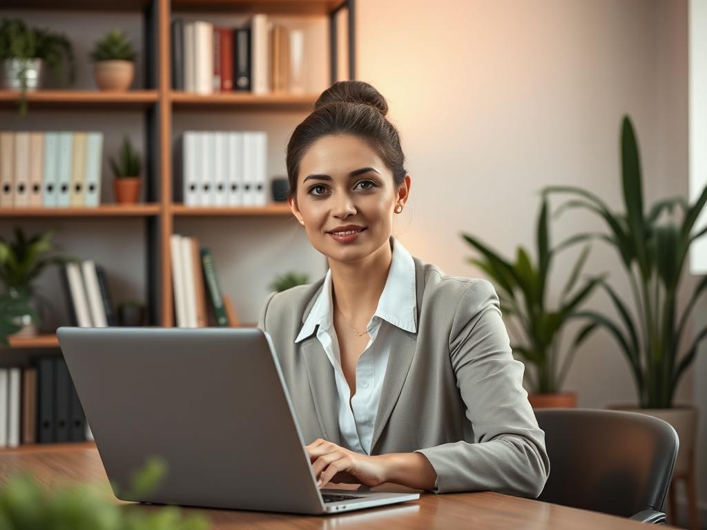 A realistic high-resolution photo of a professional woman in a modern office environment, sitting at a desk with a laptop open, looking confidently at the camera. The background features shelves with books and plants, creating an inspiring workspace. The lighting is warm and inviting, emphasizing the woman's focused expression. The overall composition is simple and clear, capturing the essence of mentorship and guidance.