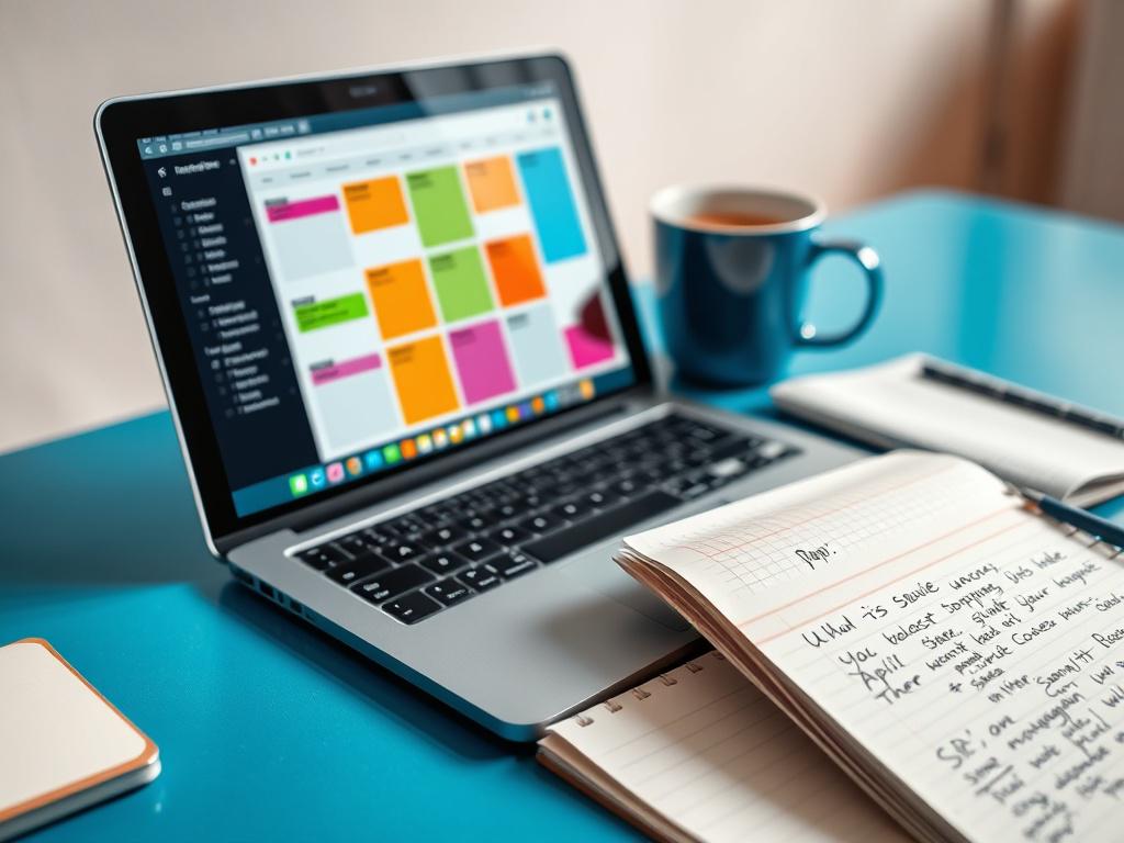 A close-up shot of an organized workspace featuring a modern laptop, a stylish notebook, and a cup of coffee. The laptop screen displays a vibrant digital planner with colorful sections, while the notebook is open with neat handwritten notes. The background is soft and blurred, highlighting the workspace's professionalism and creativity. The color scheme incorporates shades of blue, reflecting a dynamic and inspiring atmosphere.