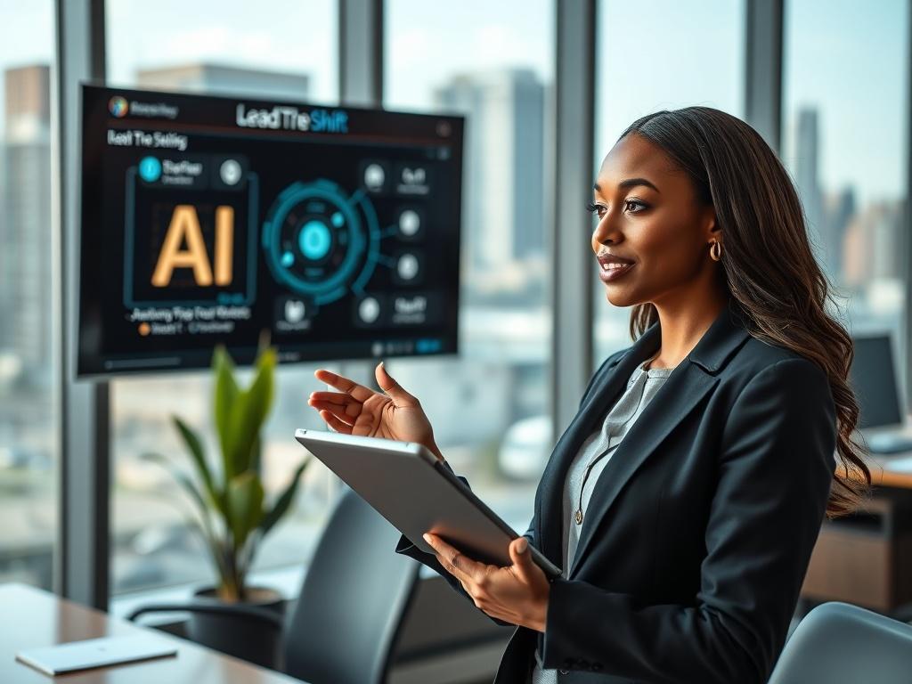 Create a realistic high-resolution photo that embodies the essence of a forward-thinking blog titled "Lead The Shift: How Administrative Professionals Can Thrive With AI In 2026." 

**Composition**: The image should feature a single subject—a confident, professional-looking administrative assistant in a modern office environment. The composition should be centered and clear, highlighting the subject against the backdrop of a well-organized workspace.

**Subject Matter**: The administrative professional shou