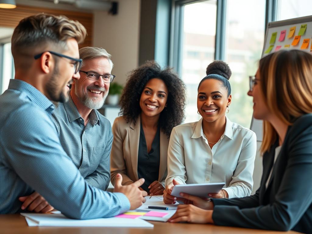 A high-resolution close-up shot of a diverse group of administrative professionals engaged in a lively discussion during a workshop. The setting should be a modern conference room with an inviting atmosphere, featuring large windows allowing natural light to flood the space. The focus should be on the expressions of the participants, showcasing enthusiasm and collaboration. The background should be softly blurred to keep the attention on the group, with hints of colorful sticky notes and a whiteboard filled