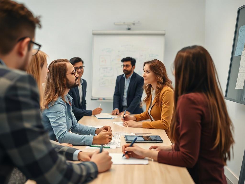 A dynamic workshop setting with a diverse group of administrative professionals actively participating in an interactive training session. A skilled facilitator leads the discussion, using visual aids on a whiteboard. Participants are engaged, taking notes and sharing ideas, while the bright, modern space encourages creativity and collaboration.