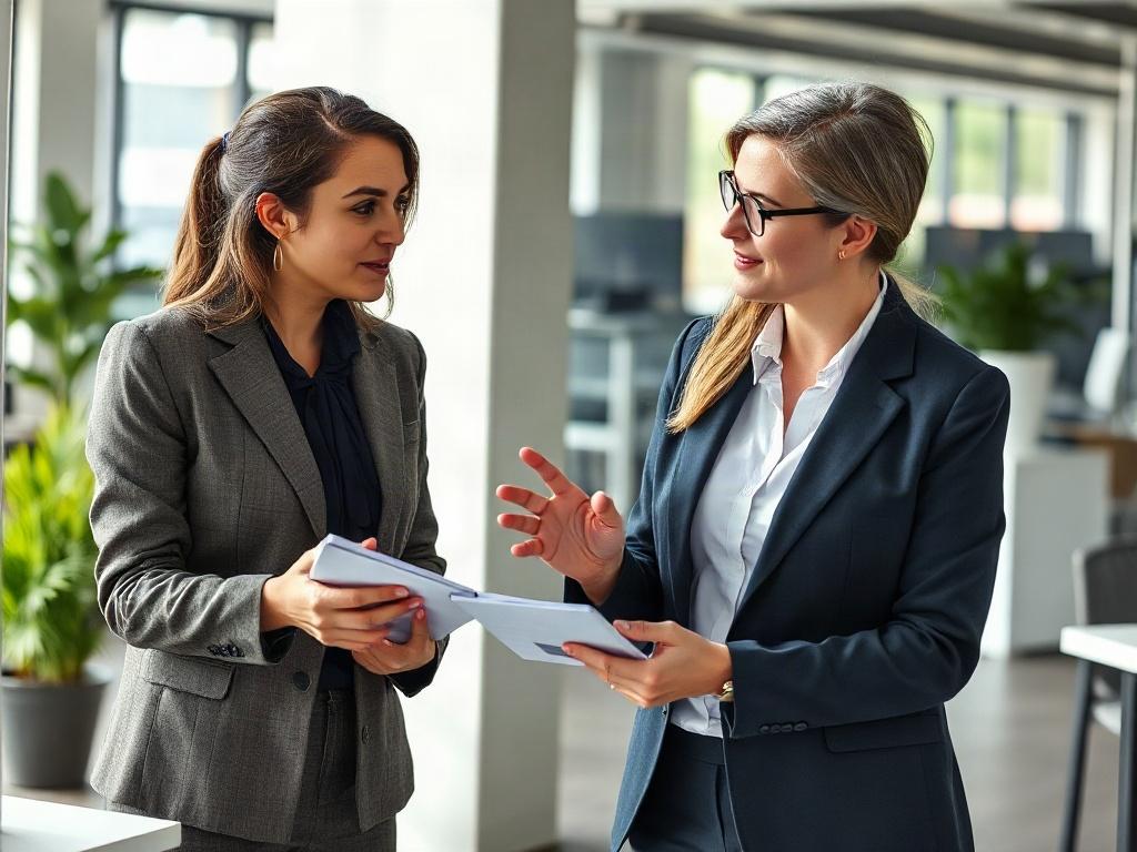 A close-up shot of a mentor and mentee engaged in a focused discussion at a modern workplace. The mentor is a confident woman in a business suit, gesturing as she shares insights, while the mentee, a young professional with a notepad, listens intently. The background features a bright, open office space with natural light streaming in, enhancing the productive atmosphere.
