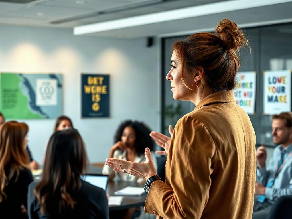 A close-up image of a confident woman addressing a group in a leadership training session. She stands at the front of a spacious conference room, using gestures to emphasize her points. Participants are focused and taking notes, with a backdrop of a well-lit room filled with motivational posters and modern decor.