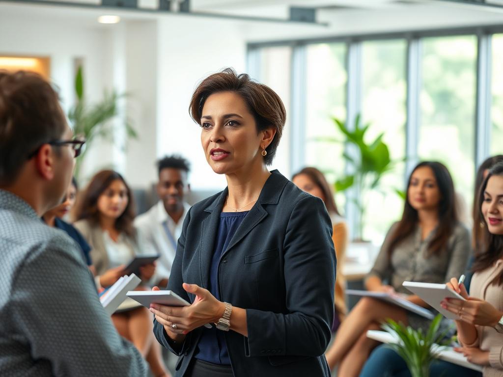 A vibrant, inviting scene featuring a diverse group of administrative professionals engaged in a collaborative workshop. The focus is on a confident female speaker, Kathy A. Adams, MBA, passionately sharing insights with the audience. The background is a softly blurred modern conference room filled with natural light, adorned with plants and comfortable seating. The image captures the energy and camaraderie of the event, showcasing participants taking notes and actively engaging with one another.