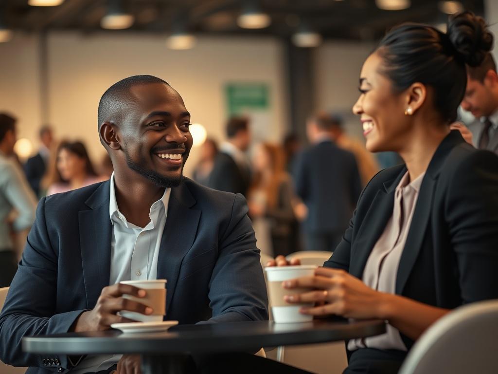 **Prompt for AI Image Generator:**

Create a high-resolution, hyper-realistic image featuring a Black man and an Asian woman engaged in a friendly conversation over coffee at a networking event. The composition should be simple and clear, with the two individuals centered in the frame, showcasing their warm expressions and open body language. The man should be wearing a tailored navy blazer and a white shirt, looking engaged and smiling as he speaks. The woman, dressed in a stylish pastel blouse and black p