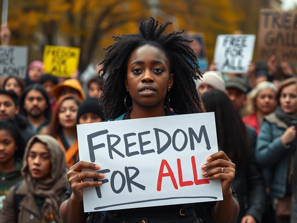 A close up shot of a person holding a protest