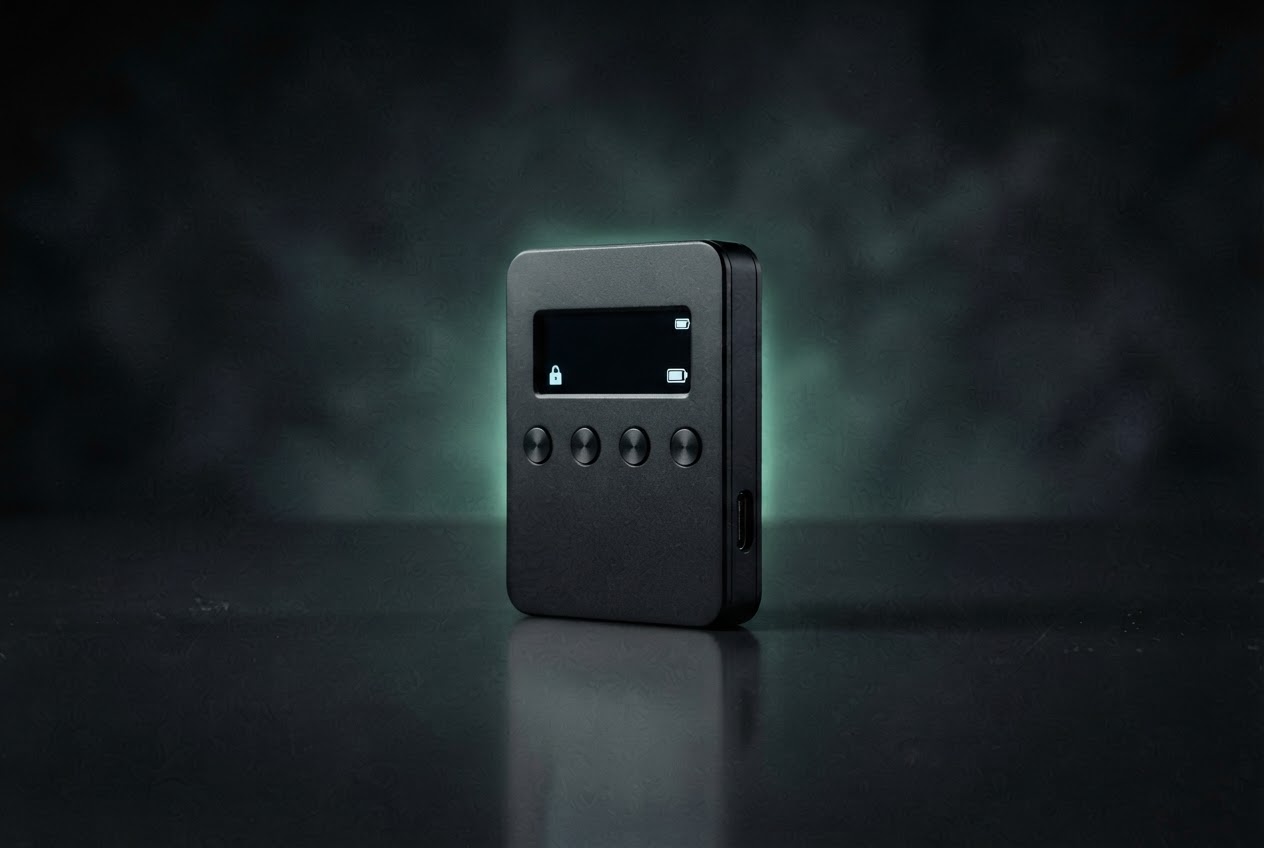 Black compact hardware wallet device shown upright against a softly lit charcoal studio background