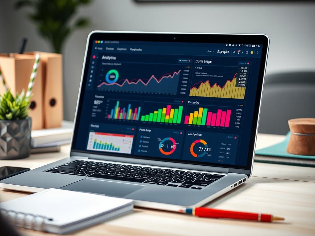 A close-up image of a laptop screen displaying a vibrant SEO analytics dashboard with graphs and metrics, surrounded by office items like a notepad and pen, all in a clean workspace setting.