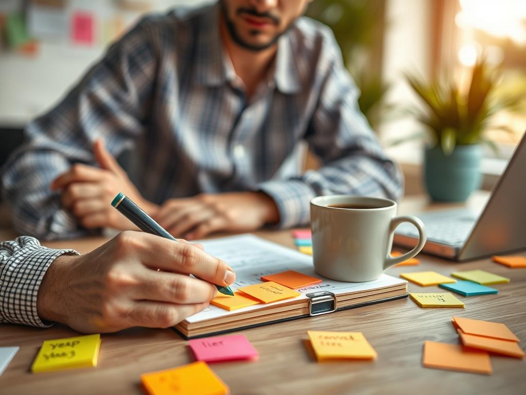 A close-up image of a content creator brainstorming ideas on a notepad, surrounded by colorful sticky notes and a coffee cup, in a bright and inspiring office space.