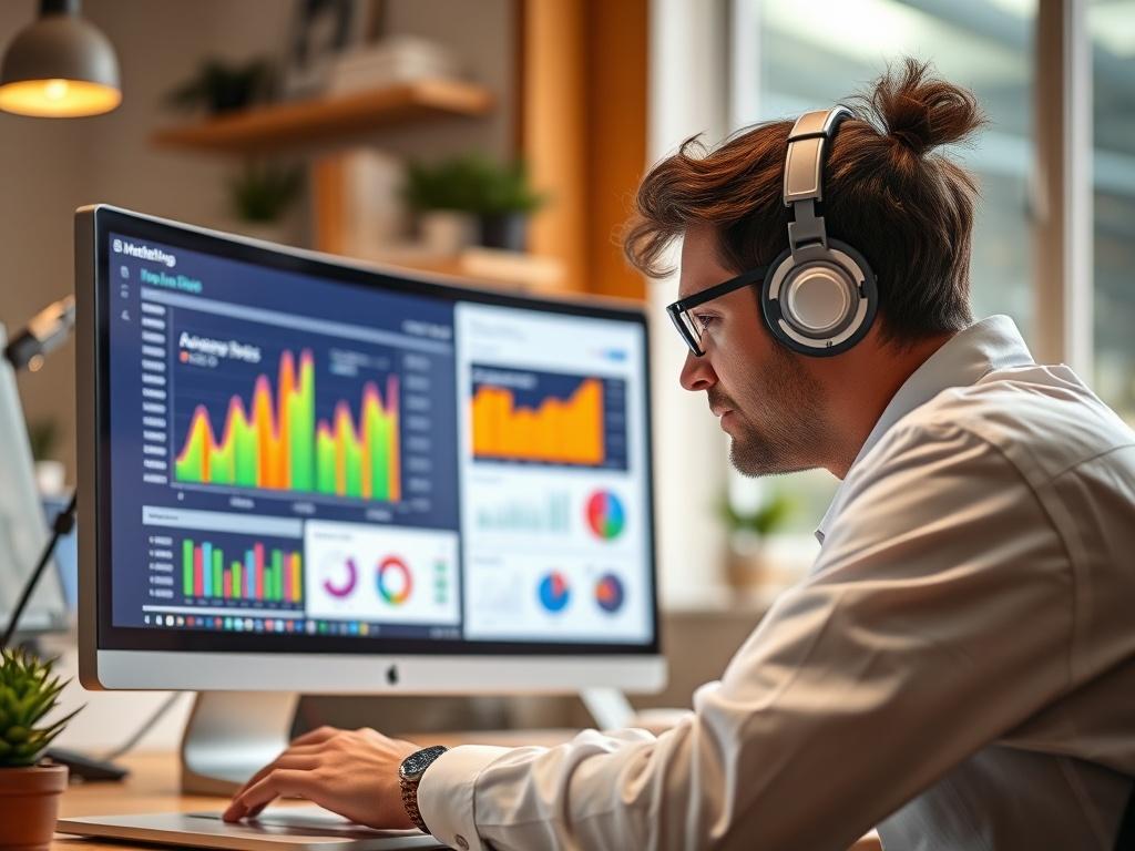 An email marketing specialist reviewing email analytics on a computer,