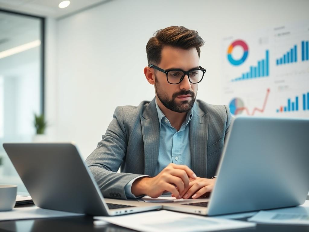 A marketing strategist analyzing data on a laptop, surrounded by