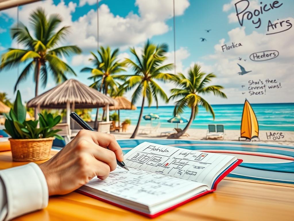 A vibrant close-up of a content creator brainstorming ideas on a notepad, surrounded by Florida-themed visuals like palm trees and beaches. The atmosphere is creative and inspiring.