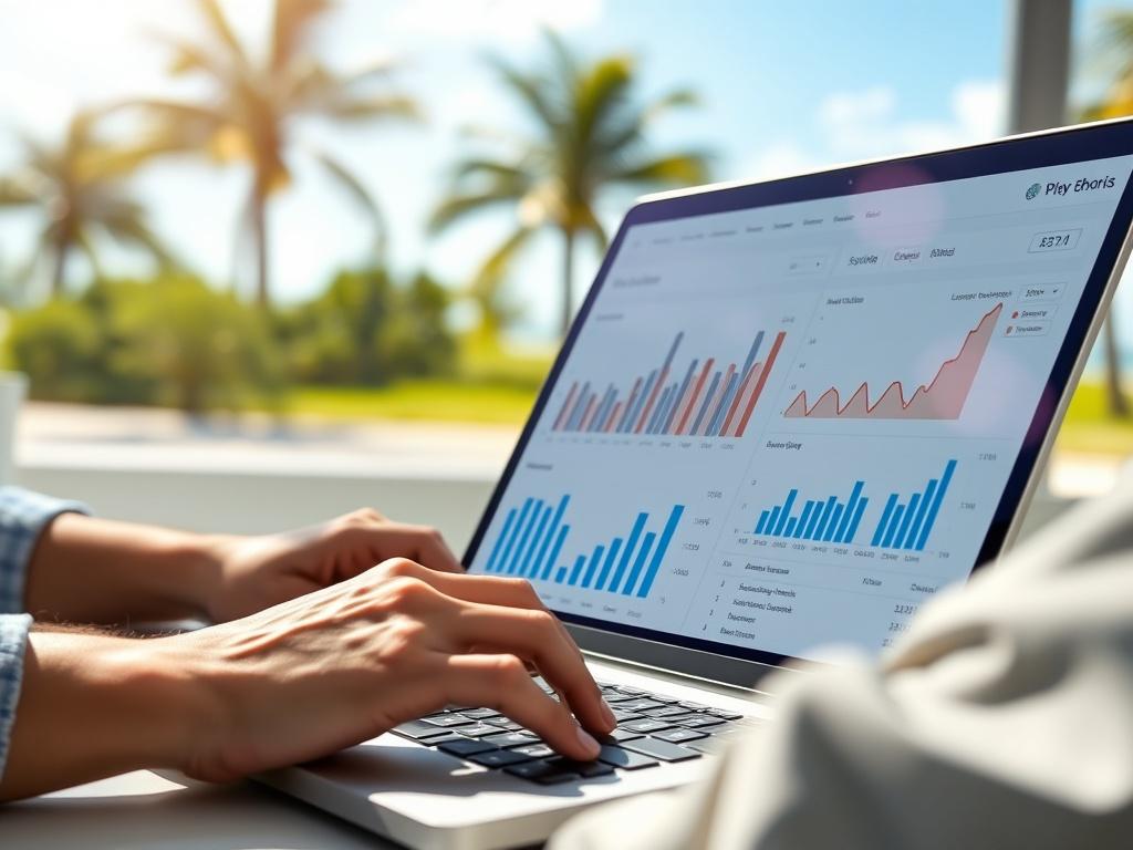 A close-up shot of a person analyzing local SEO analytics on a laptop, with graphs and charts depicting growth. The background is a bright, sunny Florida landscape, suggesting a vibrant business environment.