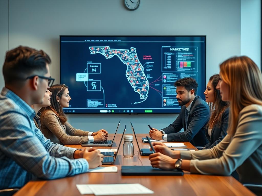 A close-up of a team meeting where professionals discuss marketing strategies, with a digital map of Florida on the screen in the background. The environment is collaborative and focused.