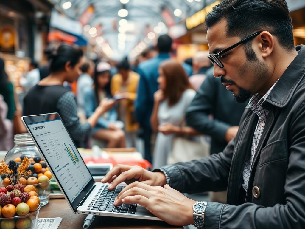 A close-up shot of a marketing expert analyzing local market data on a laptop. The background features a diverse group of people interacting in a busy marketplace, reflecting the community vibe. The expert is focused, highlighting the importance of local insights in marketing strategies. The image captures the essence of community engagement and strategic planning.