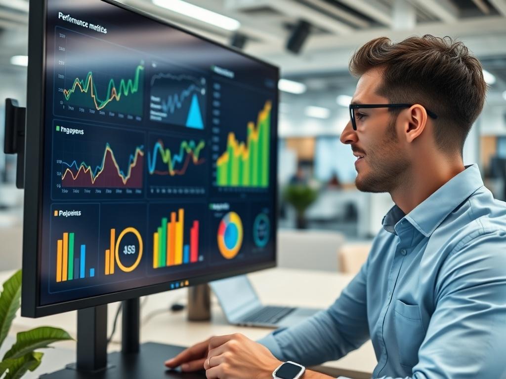 A close-up shot of a marketing analyst reviewing performance metrics on a large screen in a modern office. The screen displays colorful graphs and charts indicating growth and engagement. The analyst, appearing focused and enthusiastic, showcases the dedication to achieving results. The background includes a bright and collaborative workspace, emphasizing a results-oriented environment.