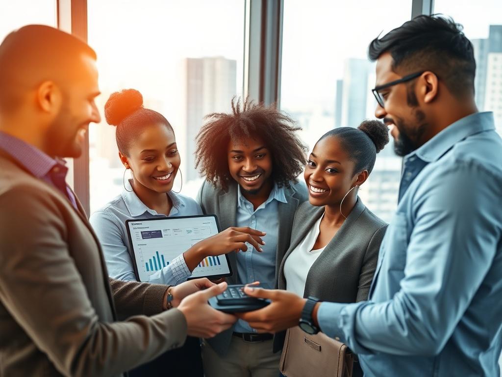 A close-up shot of a diverse group of marketing professionals collaborating on a marketing strategy. The setting is a modern office with a large window showing a vibrant cityscape in the background. The professionals are engaged in discussion, pointing at a digital tablet displaying marketing analytics. The lighting is bright and inviting, showcasing the teamwork and creativity involved in marketing.
