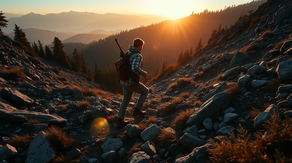 Hunter navigating rugged mountain terrain