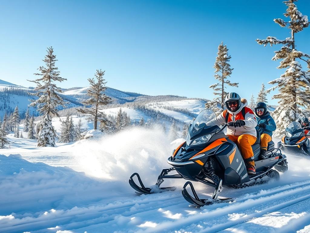 A thrilling snowmobiling scene in the snowy landscapes of Northern New Hampshire. The image shows a group of excited riders on snowmobiles, with pine trees dusted in snow surrounding them. The foreground features a snowmobile kicking up powdery snow, while the background displays rolling hills covered in a blanket of white. The sky is clear blue, highlighting the crisp winter day, and the riders are dressed in colorful winter gear, showcasing a sense of adventure and enjoyment.