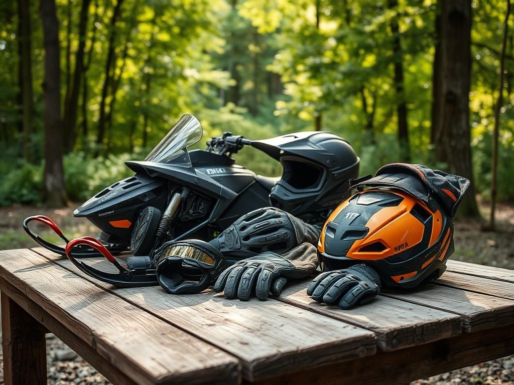 A close-up of a high-quality snowmobile and ATV gear set up on a rustic wooden table in an outdoor setting. The background features a lush green forest with sunlight filtering through the trees, creating a serene atmosphere. The gear includes helmets, gloves, and protective wear, showcasing their ruggedness and readiness for adventure.
