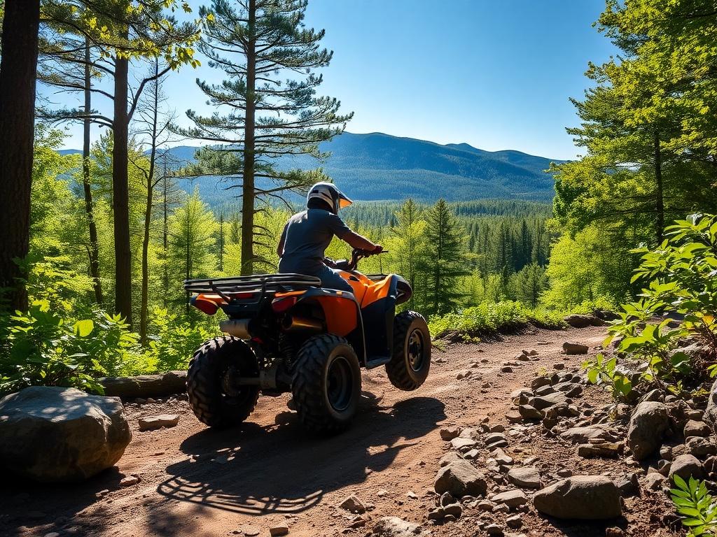An action-packed ATV off-road adventure in the rugged terrain of Northern New Hampshire. The image features a lone rider on an ATV navigating through a forest trail, with vibrant green foliage and rocky paths. Sunlight filters through the trees, creating a dynamic play of light and shadow. The rider is wearing a helmet and protective gear, showcasing a sense of thrill and exploration. In the background, mountains rise majestically, emphasizing the natural beauty and adventure that awaits at Granite Sasquatc