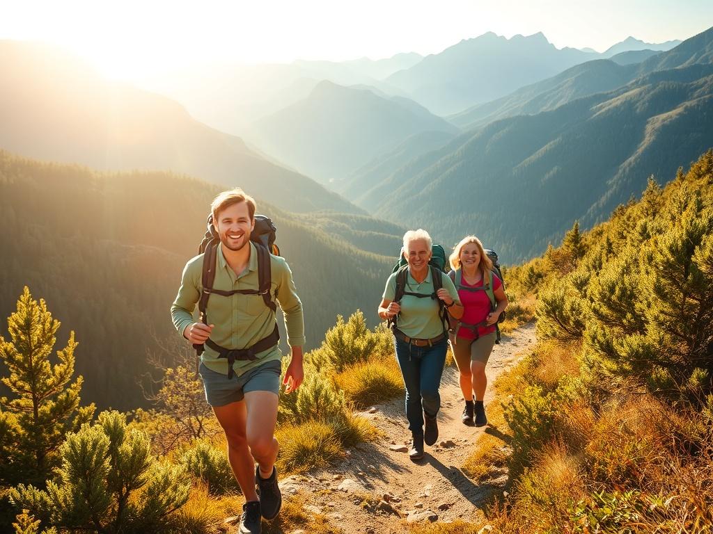 A vibrant scene of a family hiking on a scenic trail, surrounded by breathtaking mountain views and lush greenery. The sun is shining brightly, illuminating the path ahead. The family members are smiling, showcasing their enjoyment of the tailored outdoor adventure experience. Their backpacks and hiking gear emphasize a spirit of exploration.