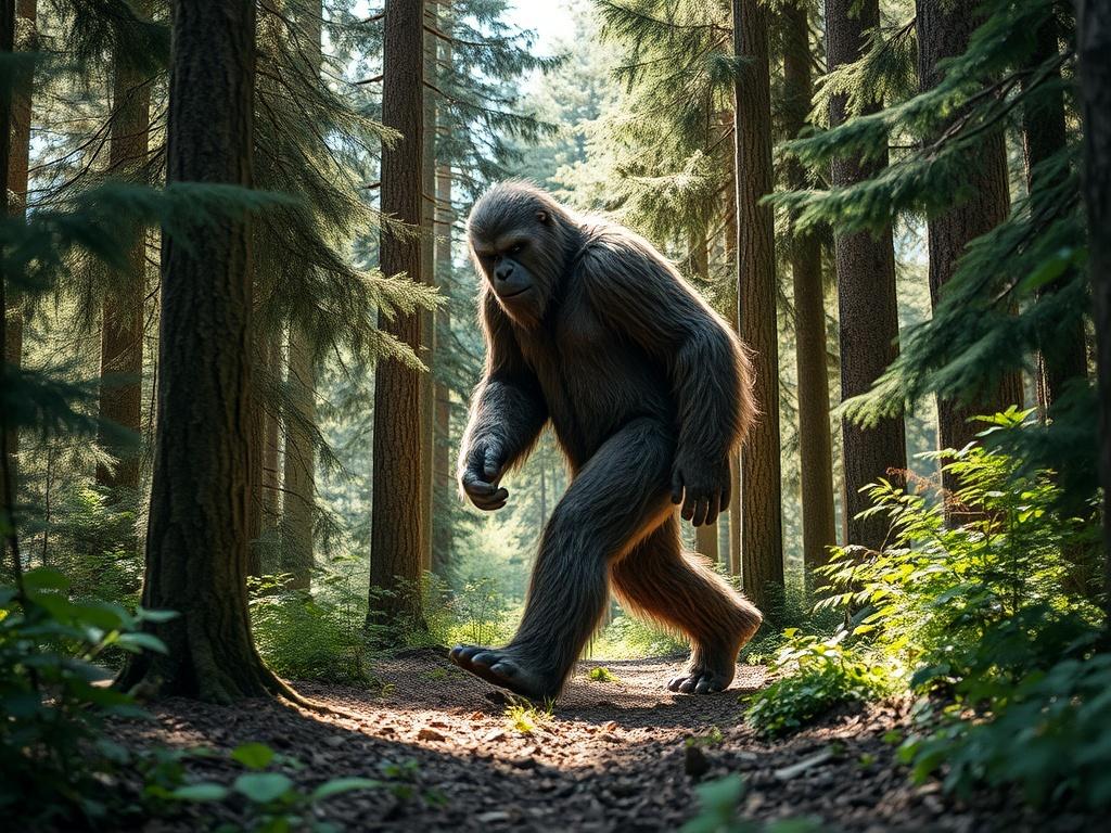 A realistic high-resolution photo of a Sasquatch hiking through a dense forest. The Sasquatch should be depicted as a towering, furry creature, showcasing its iconic features, such as its large feet and muscular build. It should be positioned mid-stride, surrounded by tall trees and lush greenery, with dappled sunlight filtering through the leaves, creating a serene and mysterious atmosphere. The background should emphasize the depth of the forest, with earthy textures and natural tones.
