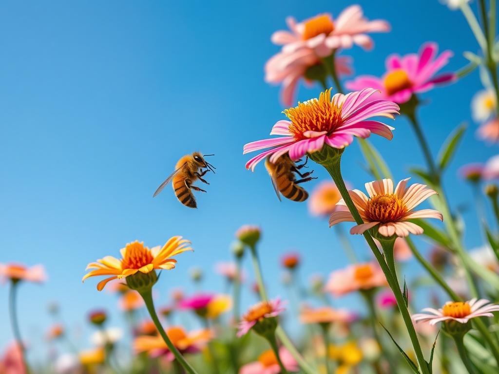 Create a hyper-realistic close-up shot of a vibrant pollinator-friendly garden filled with blooming native flowers, focusing on honey bees actively pollinating the plants. The setting should be sunny with a clear blue sky, showcasing a variety of colorful flowers, and a few bees in motion. The composition should be simple, emphasizing the interaction between the bees and the flowers, with an overall warm and inviting atmosphere.