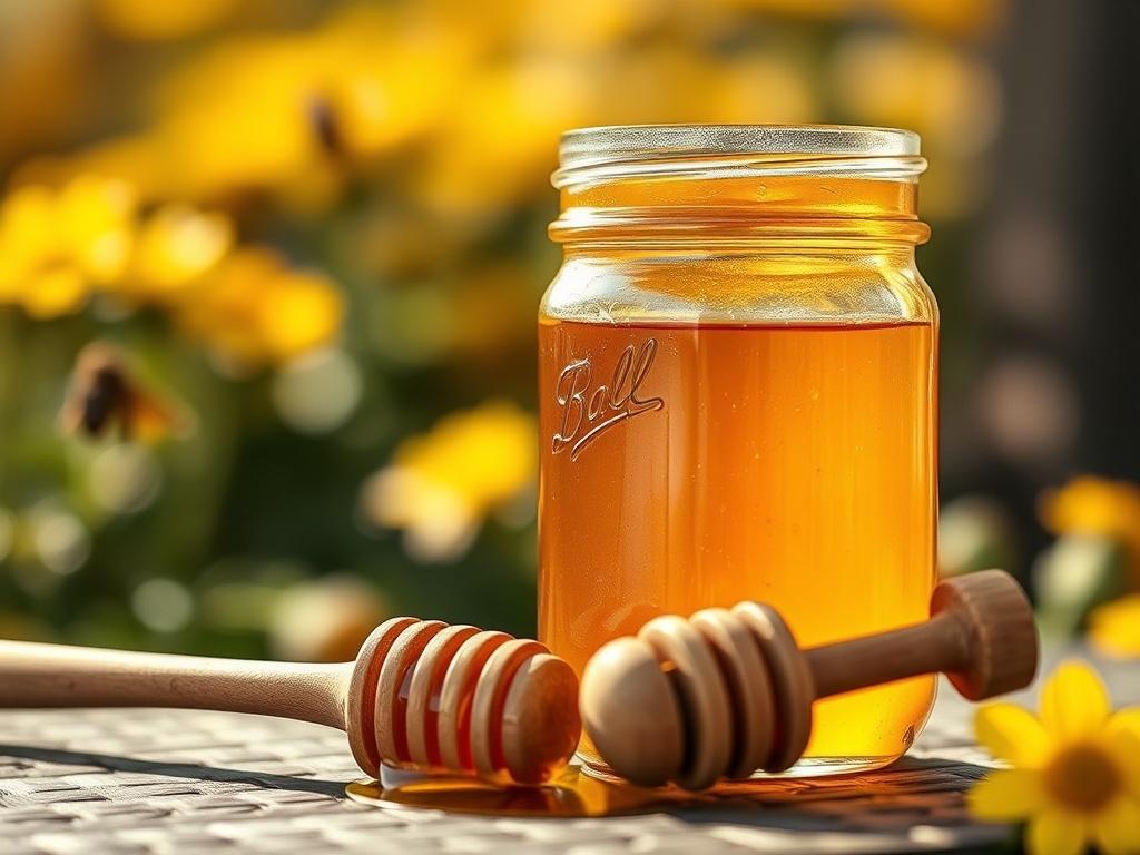A close-up shot of a jar of golden honey with a wooden dipper beside it. The honey should glisten in the light, showcasing its rich color and texture. The background should be softly blurred, reminiscent of a sunny garden with flowers, emphasizing the connection to nature and pollination. The scene should evoke a sense of warmth and community, inviting viewers to appreciate the benefits of supporting local beekeeping efforts.