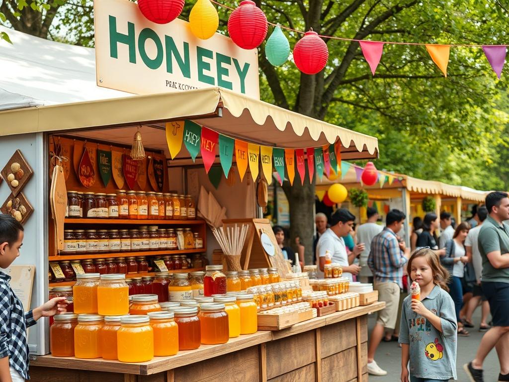 A vibrant outdoor festival scene featuring a single stall filled with honey products, crafts, and ice cream. The stall is decorated with colorful banners and displays showcasing jars of honey, beeswax candles, and artisanal crafts. In the background, people enjoy face painting and children are seen happily eating ice cream. The overall atmosphere is lively and inviting, with trees and festive decorations surrounding the area. The image should be shot in hyper-realistic detail, focusing on the stall and its 