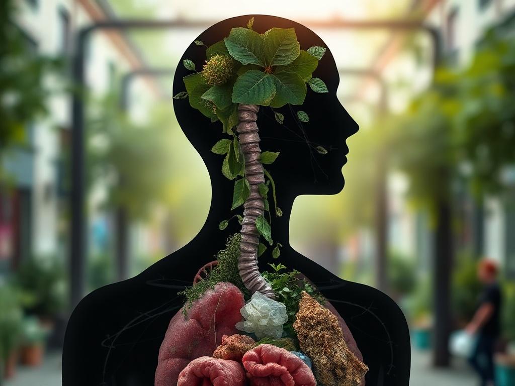 **AI Image Generation Prompt:**

Create a realistic high-resolution photo that embodies the theme of "Équarrissage : le marché invisible qui tient la sécurité sanitaire debout." The composition should be simple and clear, featuring one primary subject: a close-up of a human silhouette or anatomical figure that is subtly intertwined with elements representing health and sanitation, such as organic waste, medical symbols, and unseen infrastructure elements (like pipes or networks) that reflect the invisible m