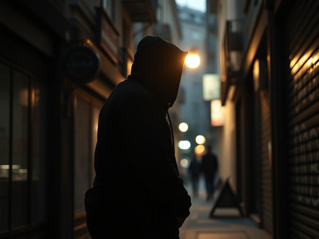 **AI Image Generation Prompt:**

Create a realistic high-resolution close-up photograph that embodies the theme of "Le PIB que les gouvernements ne comptent pas: L’économie de l’ombre." The composition should feature a single, powerful subject: a shadowy figure standing in an urban alley, partially illuminated by the soft glow of a street lamp. The figure should represent the hidden aspects of the economy, dressed in casual, ambiguous clothing that blends with the environment.

In the background, include hi