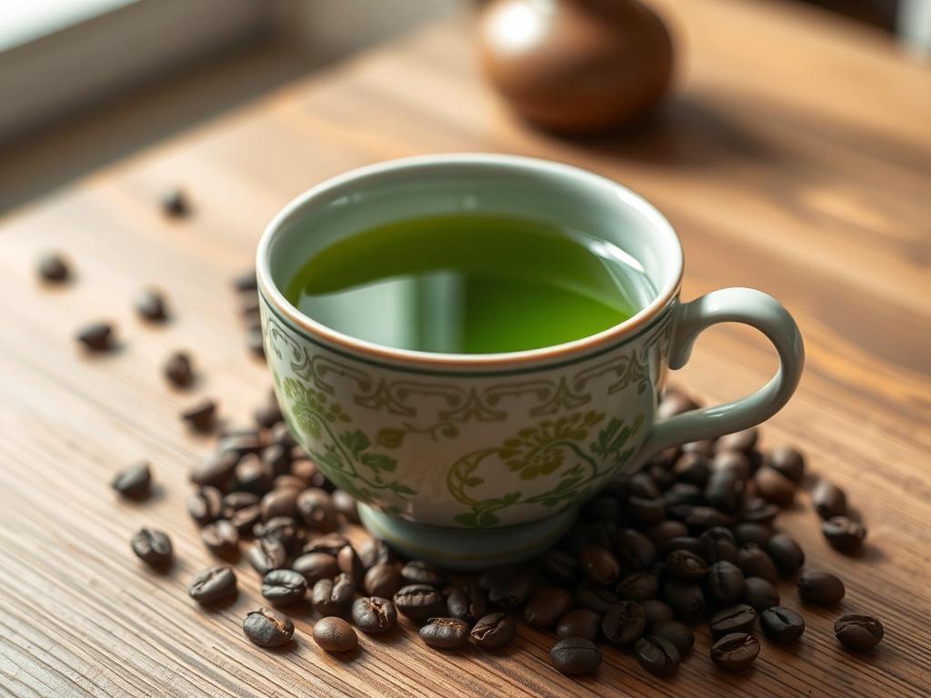 **AI Image Generation Prompt:**

Create a highly realistic, high-resolution close-up photograph that encapsulates the theme of "Le café et le thé vert : la guerre silencieuse des nouvelles routes agricoles mondiales." The composition should feature a singular subject: a finely crafted ceramic cup filled with freshly brewed green tea, resting on a wooden table. The cup should be intricately designed with elegant, subtle patterns that reflect Asian aesthetics, symbolizing the strategic importance of green tea