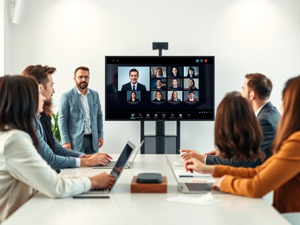 A professional setting depicting a diverse group of business people engaging in a virtual webinar, with a focus on a speaker presenting on a large screen. The background should be minimalistic, with modern office decor in soft colors, highlighting the importance of global commerce.