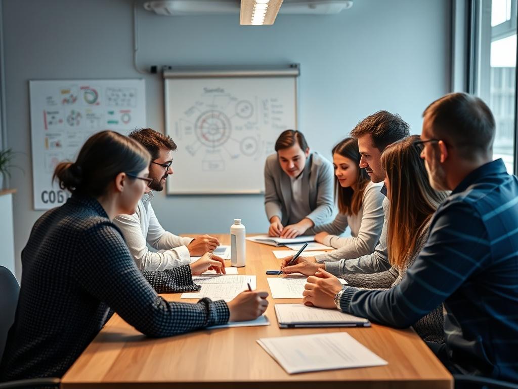 An engaging workshop scene with participants collaborating around a table, focusing on strategy planning. The setting should reflect a modern, creative workspace with brainstorming materials like whiteboards and charts, emphasizing teamwork and collaboration.