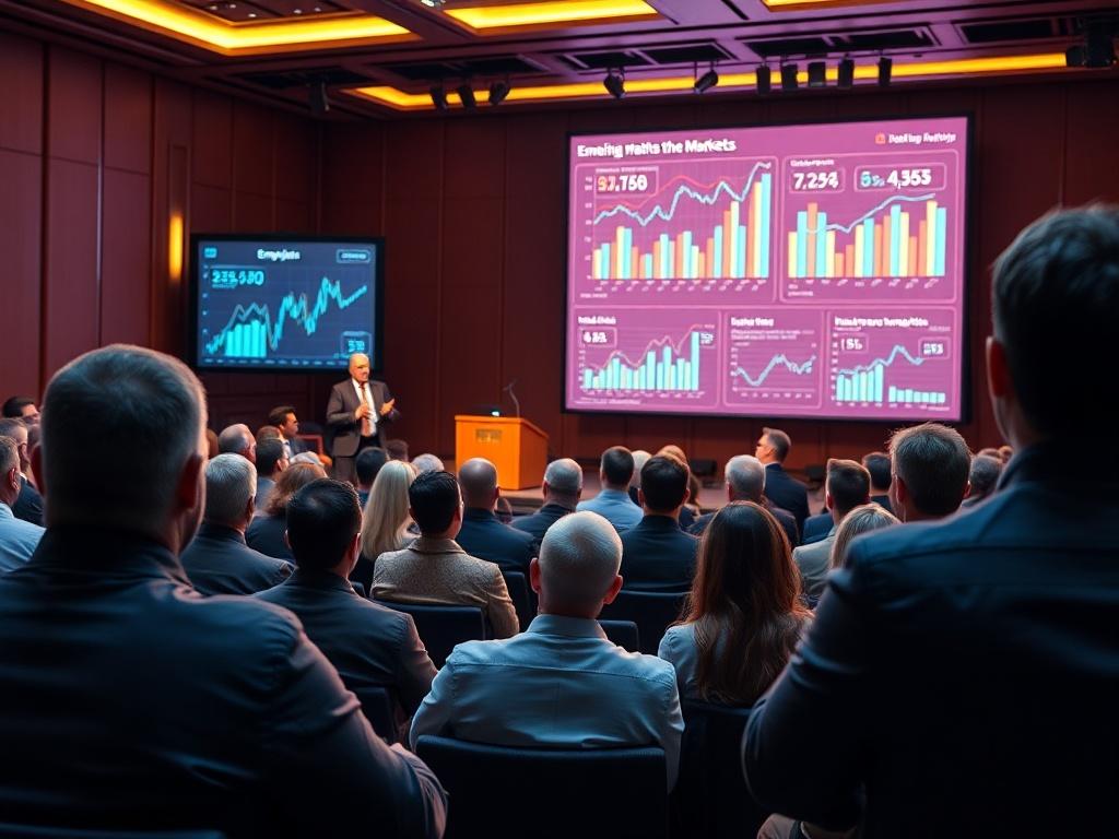 An inspiring conference setting with a prominent speaker presenting to an engaged audience. The room should be filled with professionals from various industries, with a focus on a large screen displaying graphs and data related to emerging markets.