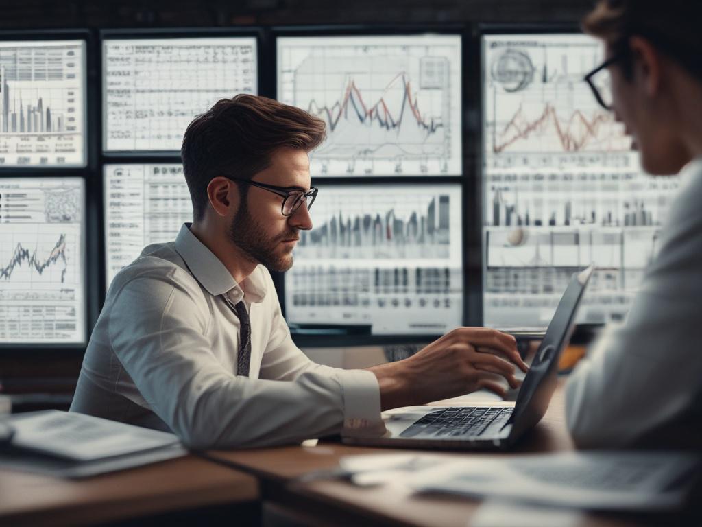 A hyper-realistic close-up of a market analyst working on a laptop, surrounded by charts and graphs representing market data. The focus is on the analyst's concentration and the detailed visuals on the laptop screen. The background features a modern office with plants and international market reports. The color scheme includes rgb(50, 170, 39) to highlight the professionalism and vibrancy of the business environment.