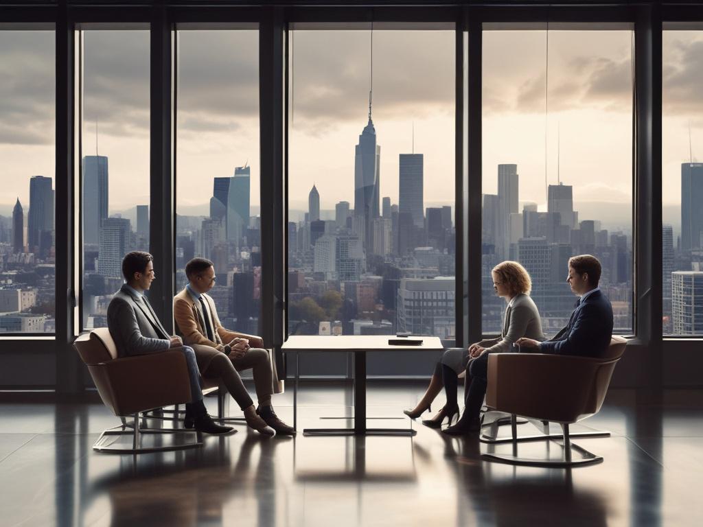 A hyper-realistic close-up shot of a diverse team of business consultants engaged in a strategic discussion. The setting is a modern office with a large window showing a city skyline in the background. The focus is on the consultants, showcasing their expressions of determination and collaboration. The lighting is bright and inviting, highlighting the team dynamic. The color scheme should include elements that match rgb(85, 141, 151).