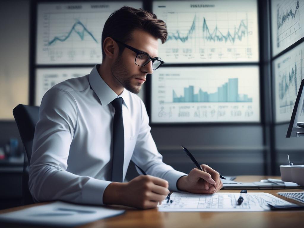 A close-up shot of a business analyst working with data charts and graphs, with a focused expression. The background features a modern office environment with a sleek design. The setting is brightly lit to emphasize clarity and professionalism. The image should be hyper-realistic with a depth of field effect, shot with a 45mm f/1.2 lens.