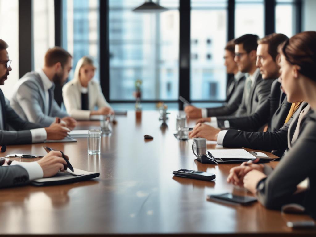 A close-up view of a strategic meeting taking place, with diverse business professionals discussing plans and strategies. The setting features a modern conference table and digital devices. The focus is on the engaged expressions of the participants. The image should be hyper-realistic, maintaining a professional atmosphere with soft lighting, shot using a 45mm f/1.2 lens.