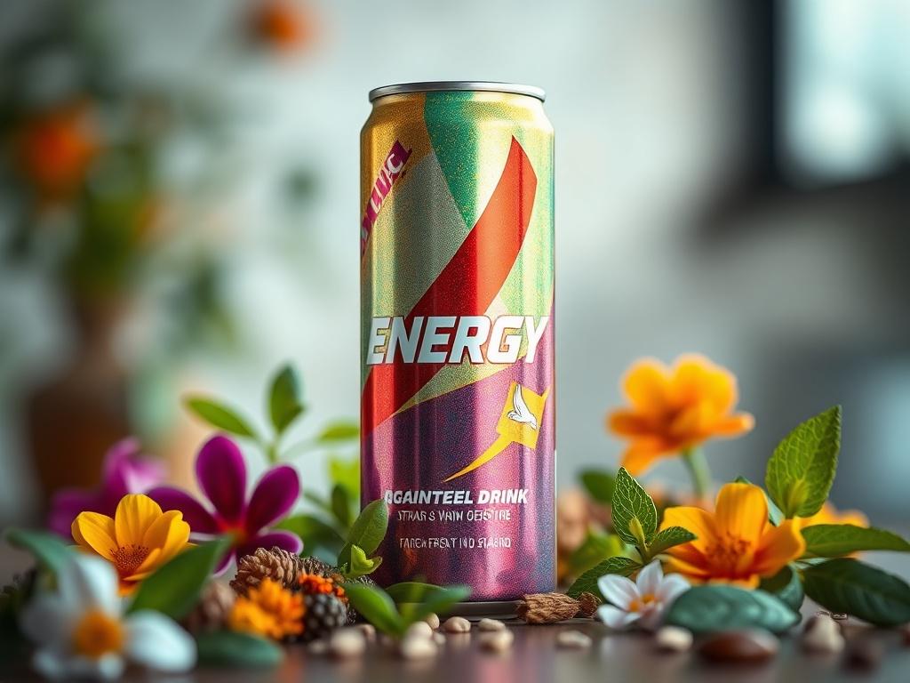 A hyper realistic close up of a vibrant energy drink