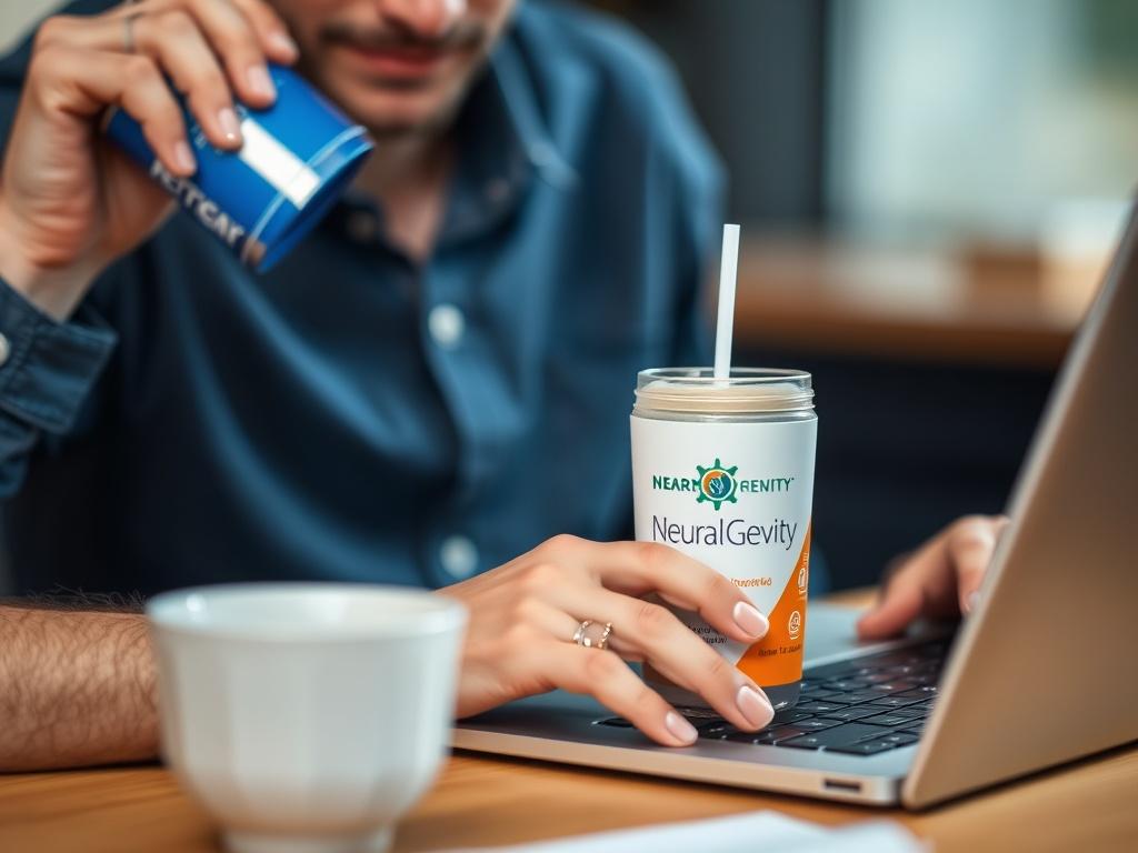 A close up of a person enjoying a NeuralGevity® drink