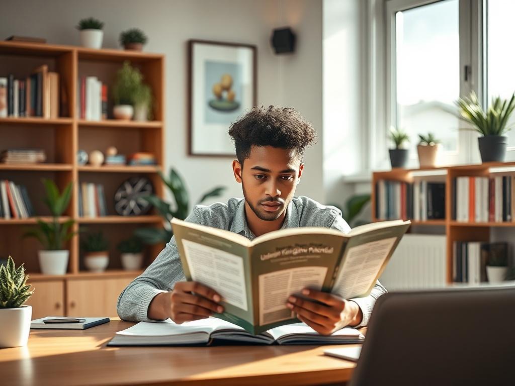 Create a realistic high-resolution photo of a focused young professional sitting at a modern desk in a cozy, well-lit home office setting. The subject should be a diverse individual, deeply engaged in reading a book titled "Unleashing Your Cognitive Potential," with an expression of curiosity and determination. The background should feature warm wood accents, a few potted plants, and shelves filled with books on personal development and productivity, creating an inspiring atmosphere. Soft, natural light str