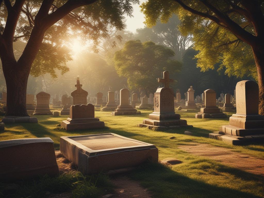 a serene cemetery with well maintained graves, surrounded by lush
