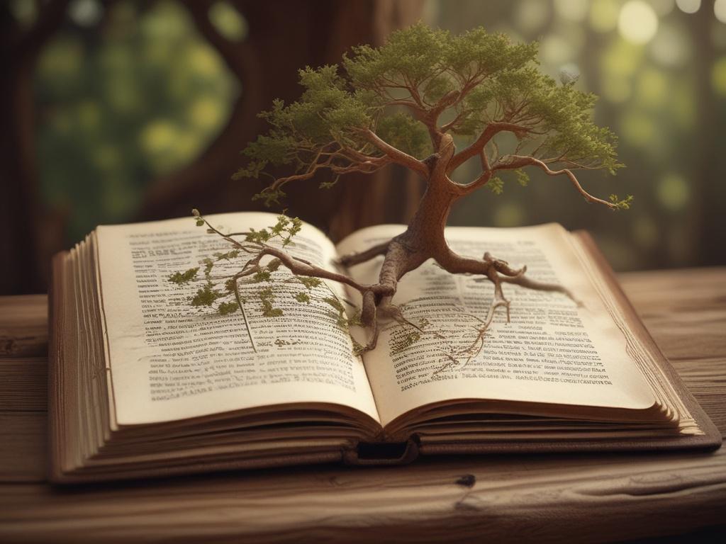 an open family tree book with intricate branches and names,