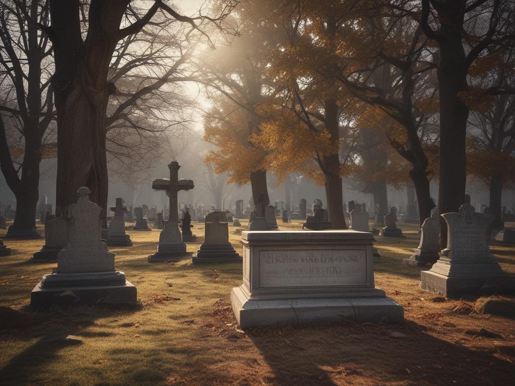 **AI Image Generation Prompt:**

Create a realistic high-resolution photo that reflects the theme of "Exploring the Rich History of Cemeteries." The composition should be simple and clear, focusing solely on the subject of a weathered, stone grave marker, prominently positioned in the foreground. The grave marker should exhibit intricate carvings and an aged patina, symbolizing the passage of time.

In the background, softly blurred, depict a tranquil cemetery scene with rows of historic gravestones. Ensure