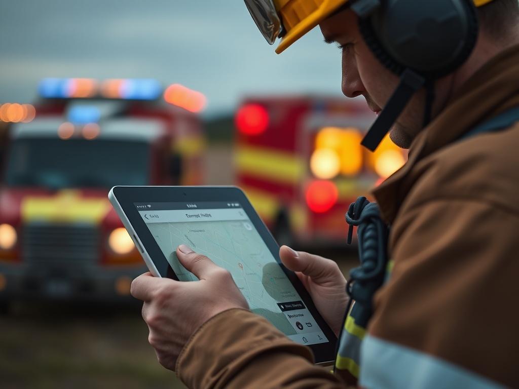 An inspiring close-up shot of a first responder using a tablet in the field, with a clear focus on the tablet's screen showing a map and emergency contact information. The background should convey a sense of urgency and action, perhaps featuring emergency vehicles or responders in the distance, emphasizing the importance of connectivity in critical situations.