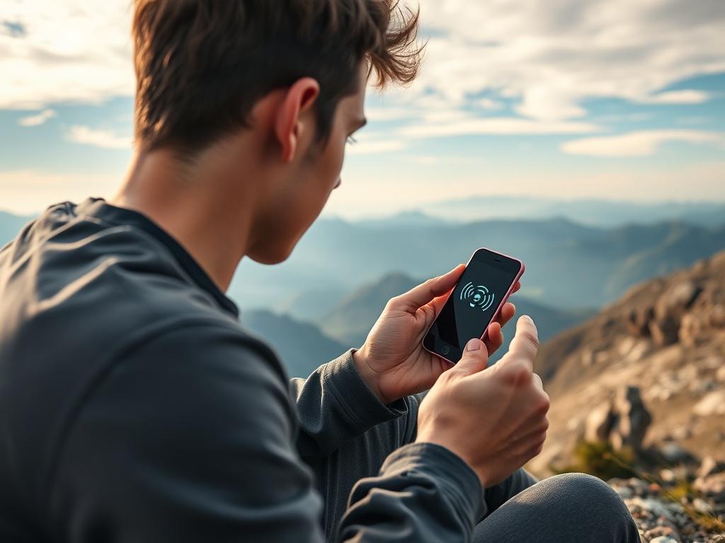 A stunning close-up shot of a scenic landscape, featuring a person using a smartphone or tablet while sitting on a mountain top. The device screen should display a strong signal icon, symbolizing connectivity. The background should include expansive views of mountains and sky, showcasing the beauty of nature and accessibility.