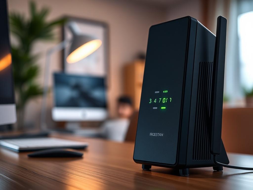 A close-up shot of a high-quality broadband modem with green LED lights illuminated, against a blurred soft-focus background of a cozy home office setup. The modem should be sleek and modern, reflecting advanced technology. The lighting should highlight the modem's features, creating a warm and inviting atmosphere.