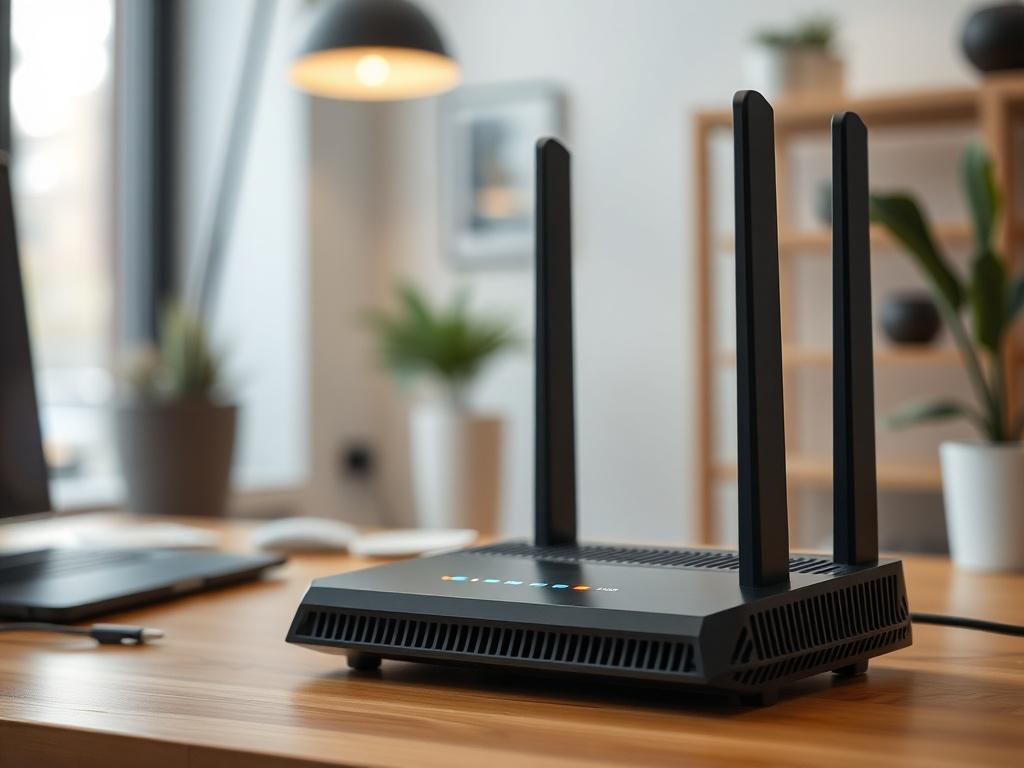 A close-up shot of a high-tech modem with blinking lights, set against a blurred background of a modern home office. The image captures the essence of high-speed internet connectivity with a focus on the device's sleek design and functionality.